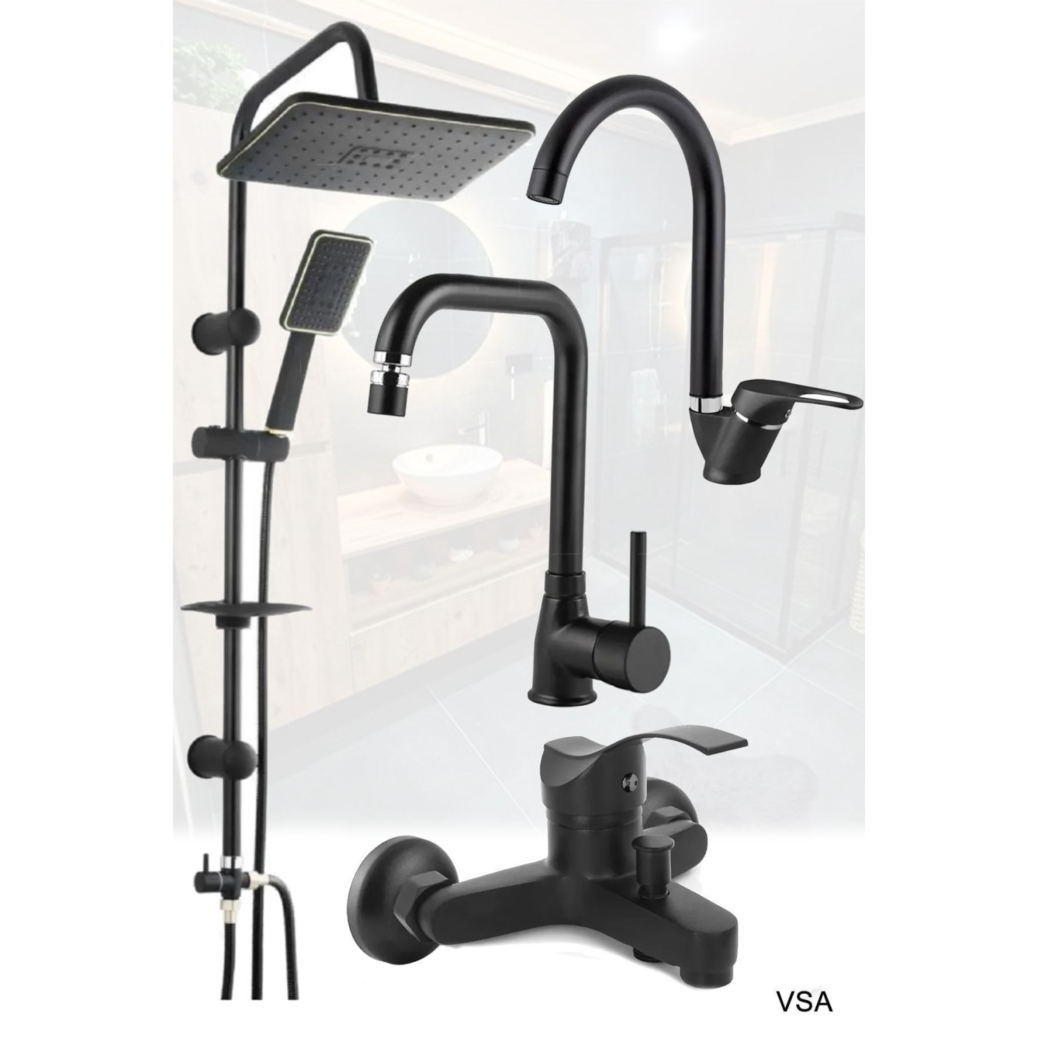 Siyah Robot Siyah Tepe Yağmurlama Duş Seti Mutfak Banyo Lavabo Bataryası Set