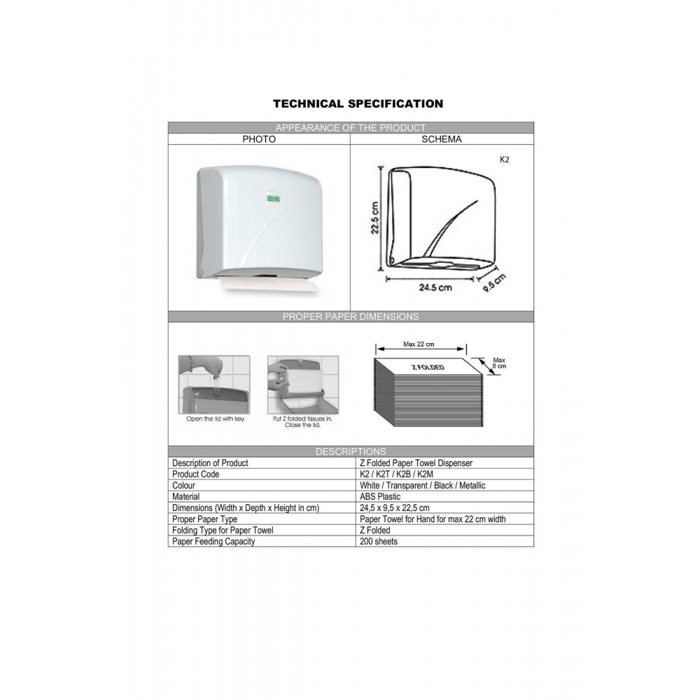K2 Z Katlı Kağıt Havlu Dispenseri Mini 200'lü Beyaz