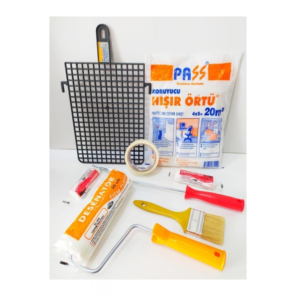 7 Parça Boyacı Seti (Rulo, örtü, fırça, parmak rulo, kağıt bant, boya ızgarası, yedek rulo başlığı)