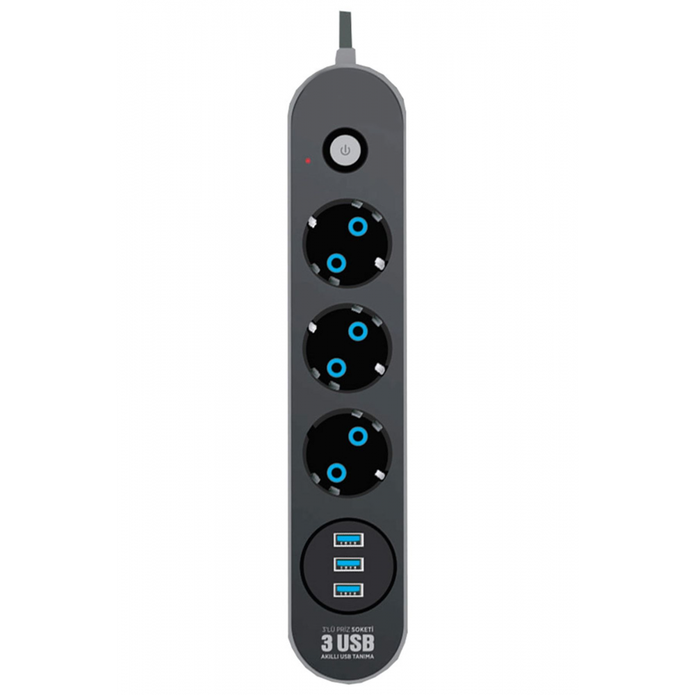 Akım Korumalı Grup Priz ve 3'lü USB Şarj Aleti 2500 Watt