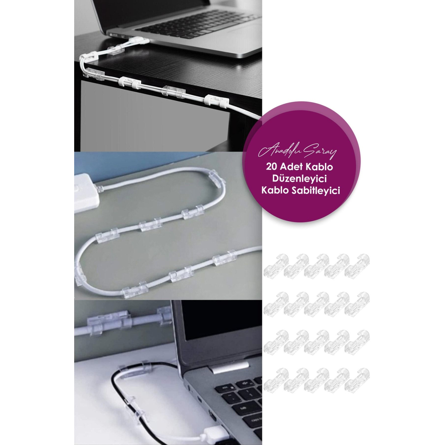 20li Şeffaf Kablo Sabitleyici Düzenleyici Klips Duvar Fayans Cam Yapışkanlı Kablo Tutucu 20 Adet
