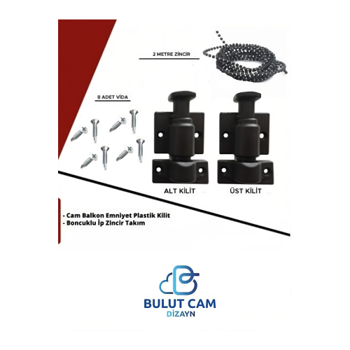 Cam Balkon Kilidi | Emniyet Plastik Kilit | Boncuklu Ip Zincir Takım Seti | (SİYAH)