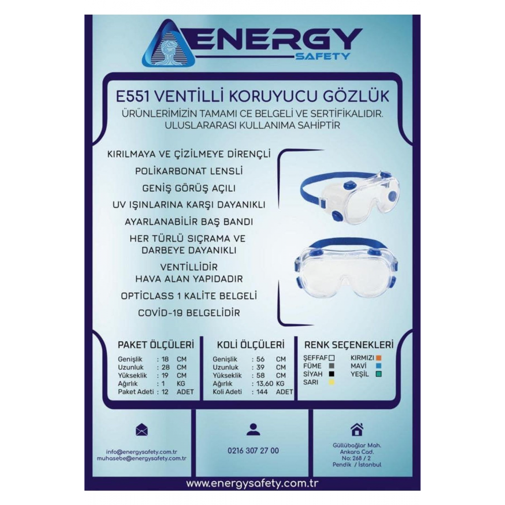 Energy Safety E551 Ventilli Koruyucu Gözlük Iş Güvenliği Gözlüğü