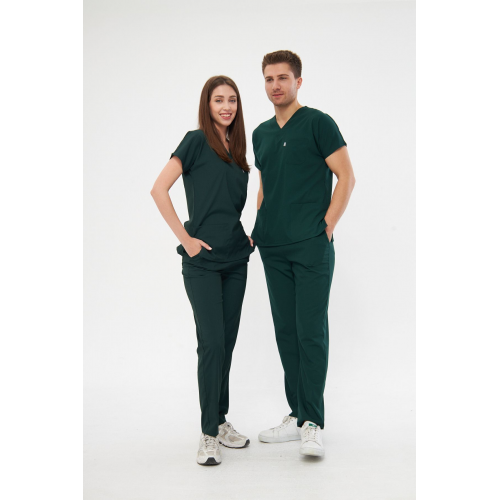 Avcı Yeşili Likralı Unisex Medikal Hemşire Ve Doktor Üniforması Scrubs Cerrahi Giyim Takım