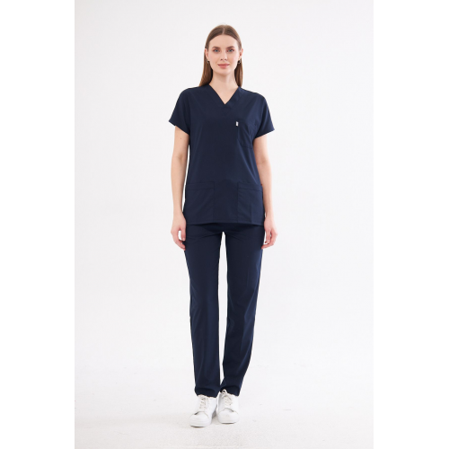 Lacivert Likralı Unisex Yarasa Kol Hemşire Ve Doktor Forması Takımı Scrubs Hastane Üniforması