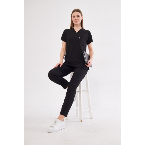 Siyah Likralı Unisex Yarasa Kol Hemşire Ve Doktor Forması Takımı Scrubs