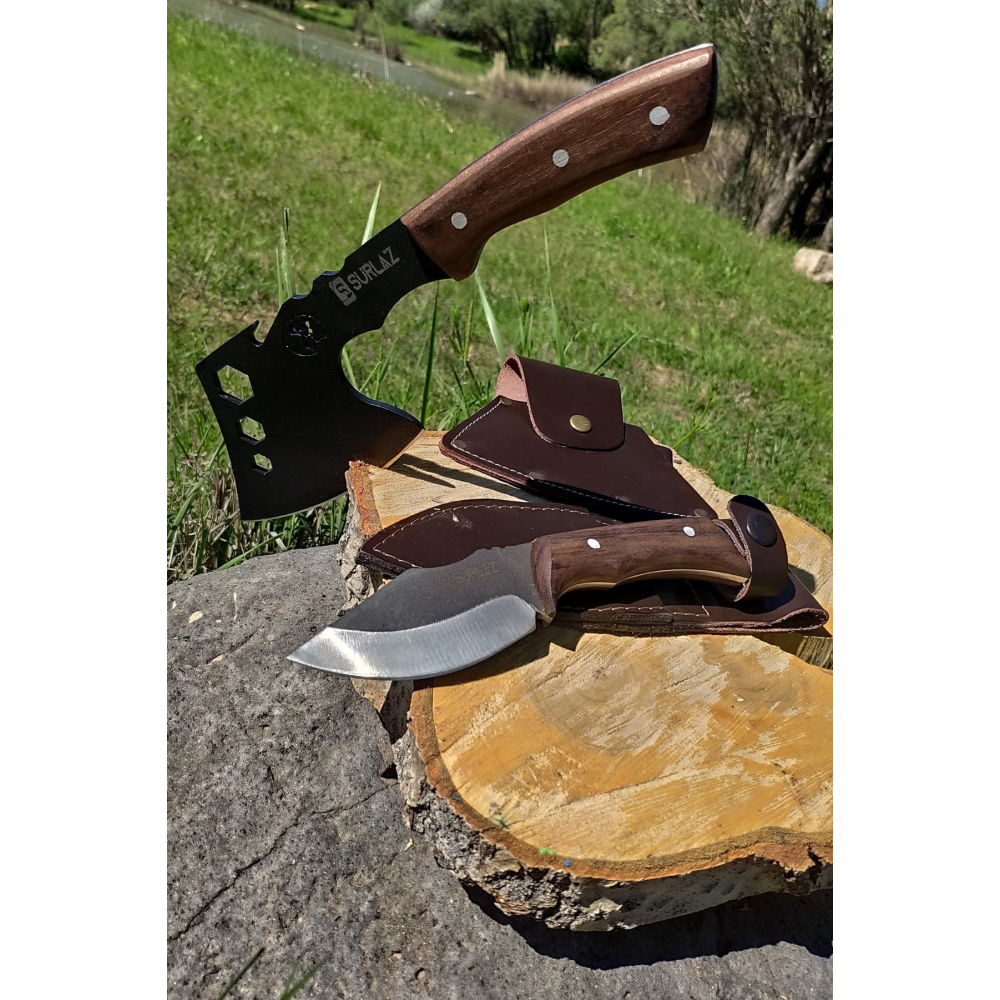 2'li El Yapımı Outdoor Balta Kamp Bıçak Paslanmaz Çelik Set Deri Klıflı