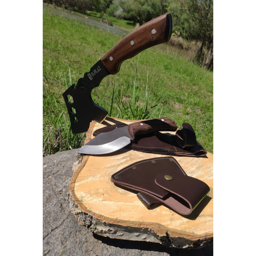 2'li El Yapımı Outdoor Balta Kamp Bıçak Paslanmaz Çelik Set Deri Klıflı