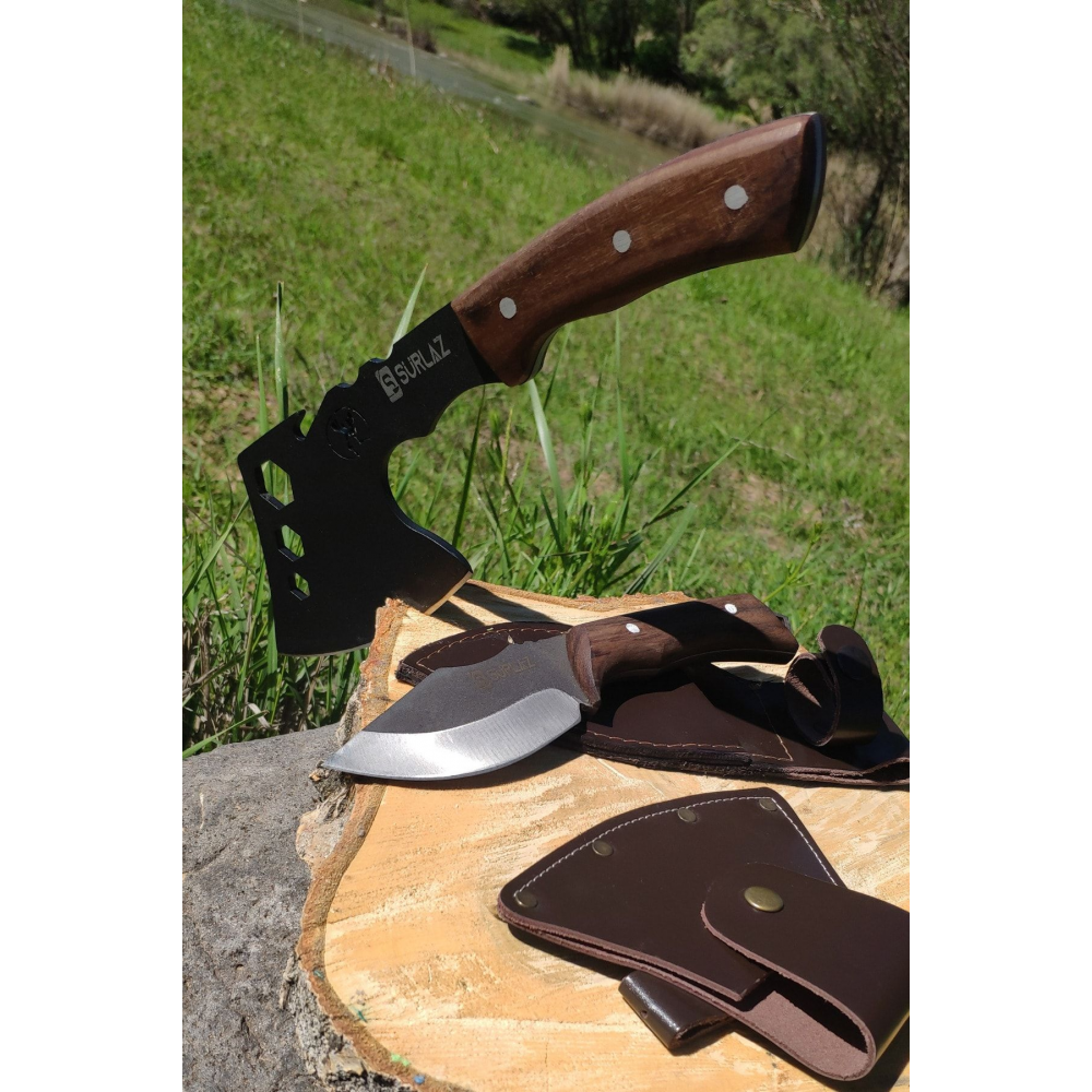 2'li El Yapımı Outdoor Balta Kamp Bıçak Paslanmaz Çelik Set Deri Klıflı