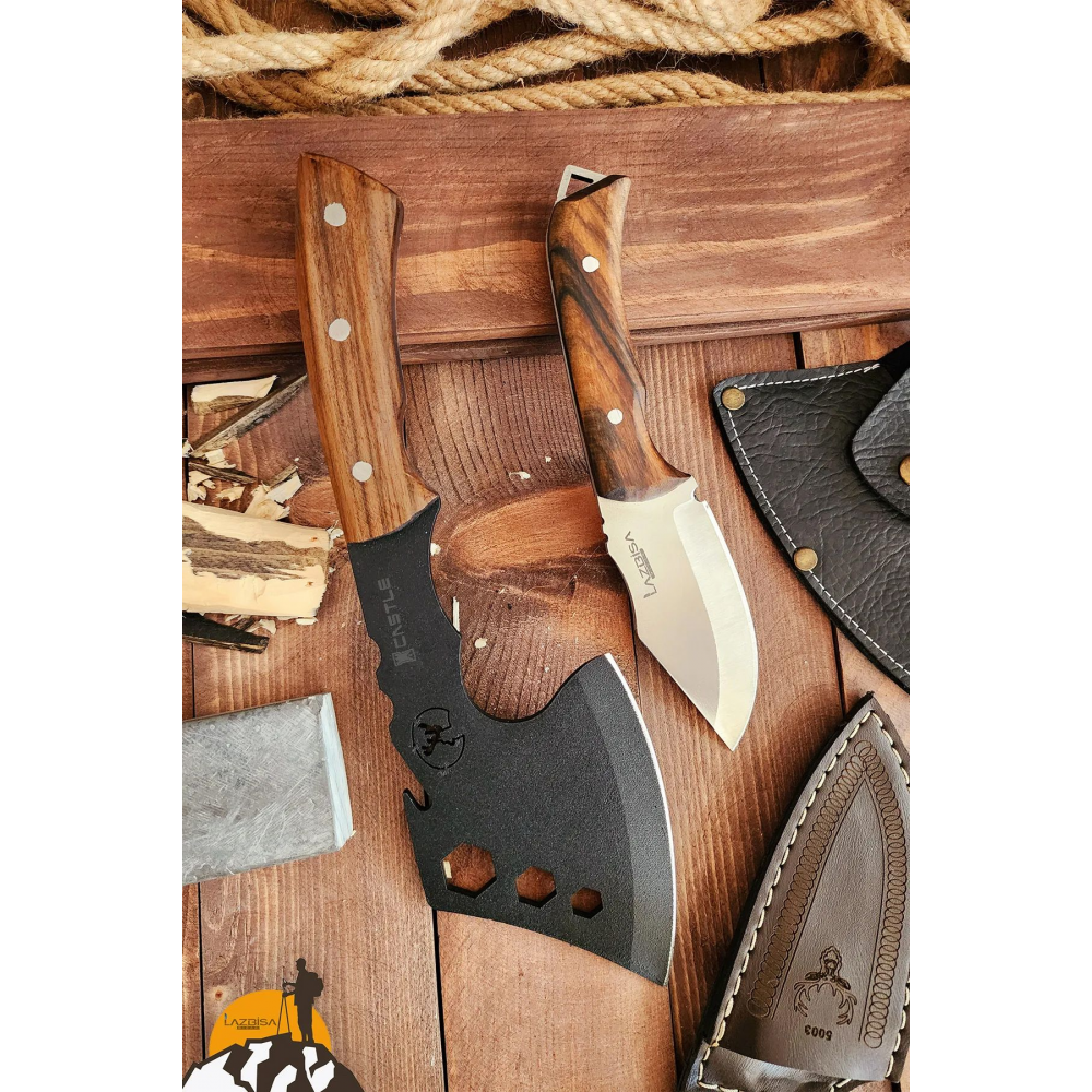 2 Li Outdoor Balta Bıçak Seti Kamp Baltası Bıçak Şef Bıçağı Nacak Ahşap Sap Blt3