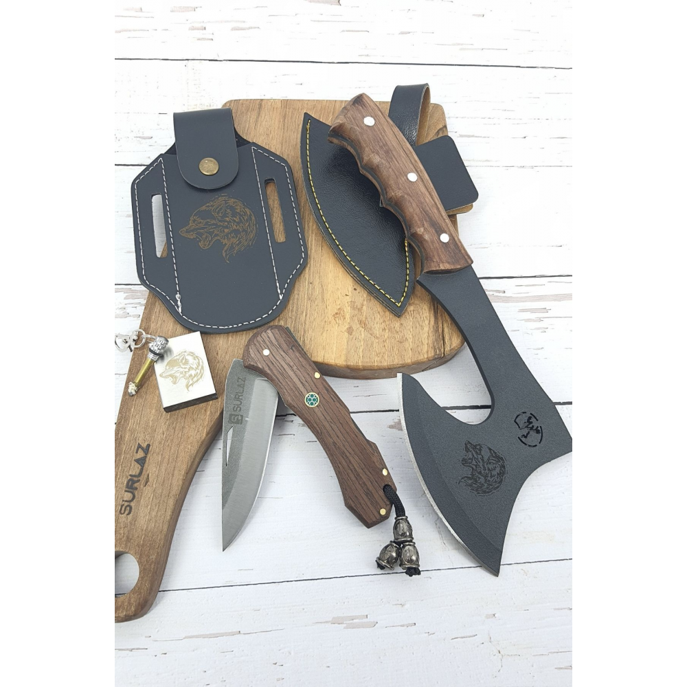 Outdoor Set Kamp Balta Ve Outdoor Çakı Deri Kılıf Paslanmaz Çelik Kibrit Çakmak