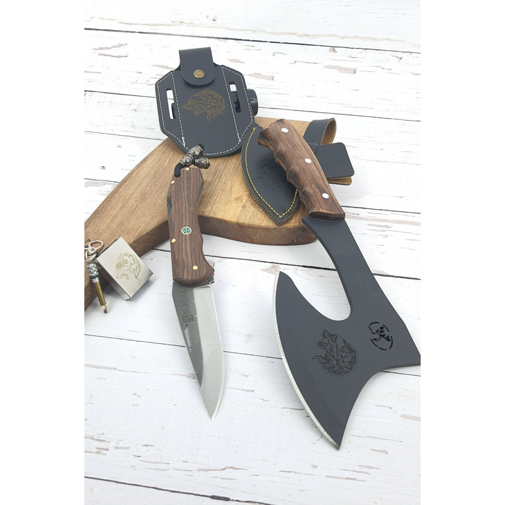 Outdoor Set Kamp Balta Ve Outdoor Çakı Deri Kılıf Paslanmaz Çelik Kibrit Çakmak