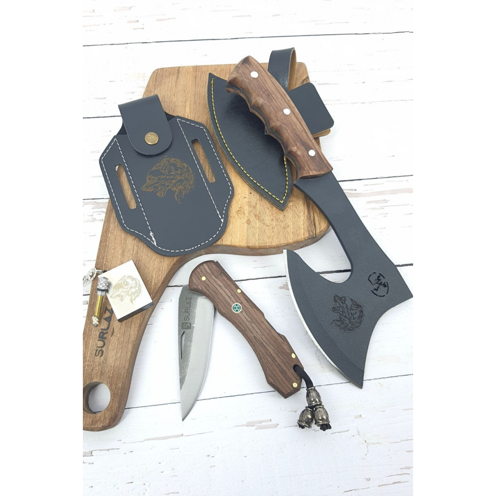 Outdoor Set Kamp Balta Ve Outdoor Çakı Deri Kılıf Paslanmaz Çelik Kibrit Çakmak