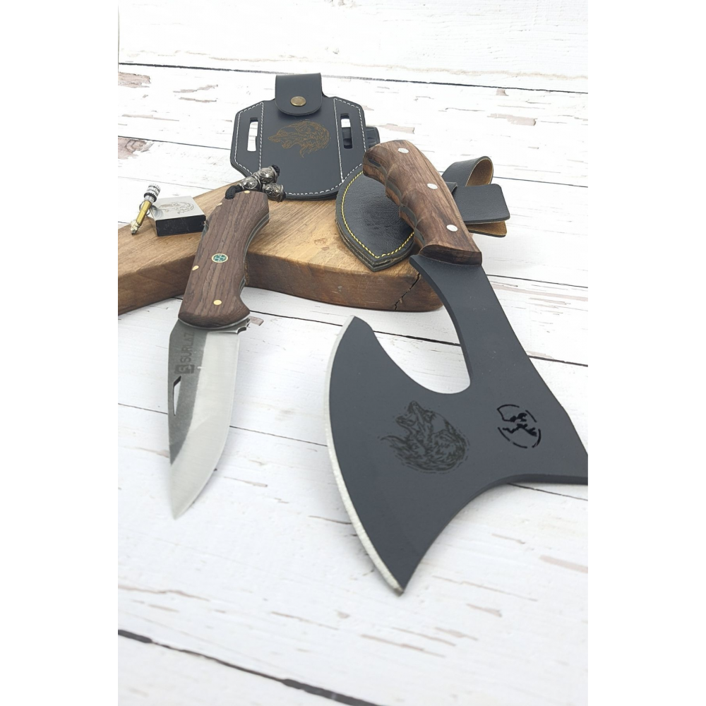 Outdoor Set Kamp Balta Ve Outdoor Çakı Deri Kılıf Paslanmaz Çelik Kibrit Çakmak