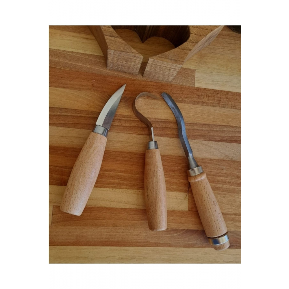 Ahşap Oyma Bıçak Alet Seti Kaşık Kuksa Oval Düz Oyma Yontma Bıçağı 3 Parçalı Set