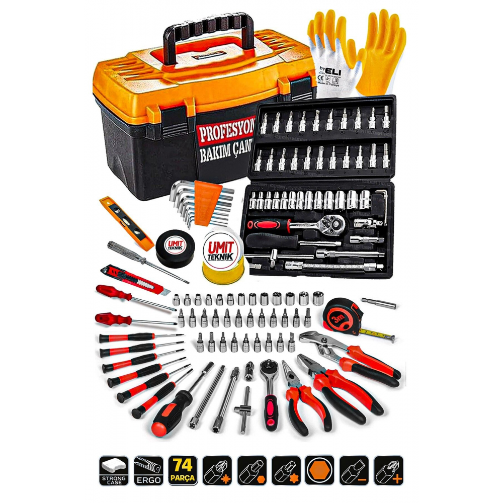 Premium Serisi 74 Pcs Full Takım 46Lokma Set PenseYankeski,Tornavida Set,3 Metre Combo Seti Takım