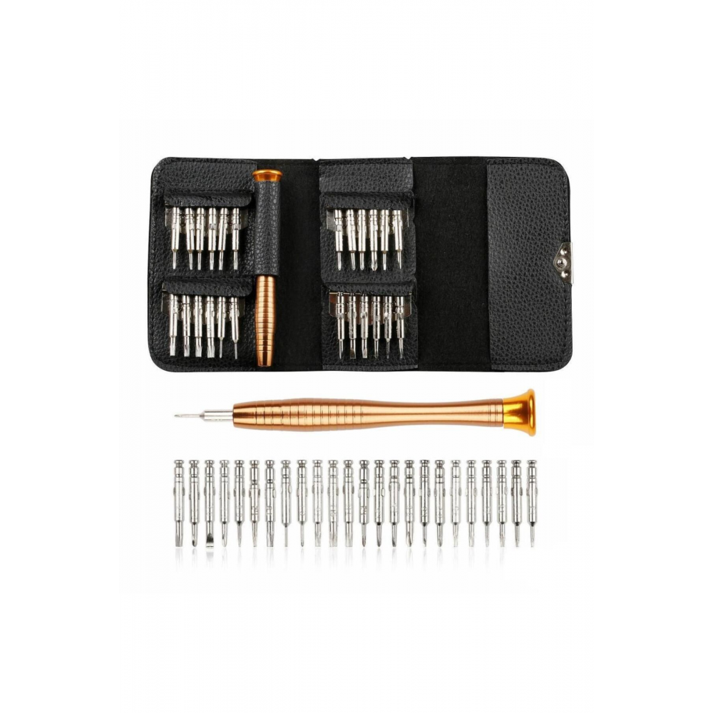 25 Parça Mıknatıslı Tornavida Seti Deri Çantalı Laptop Gözlük Saat Tamir