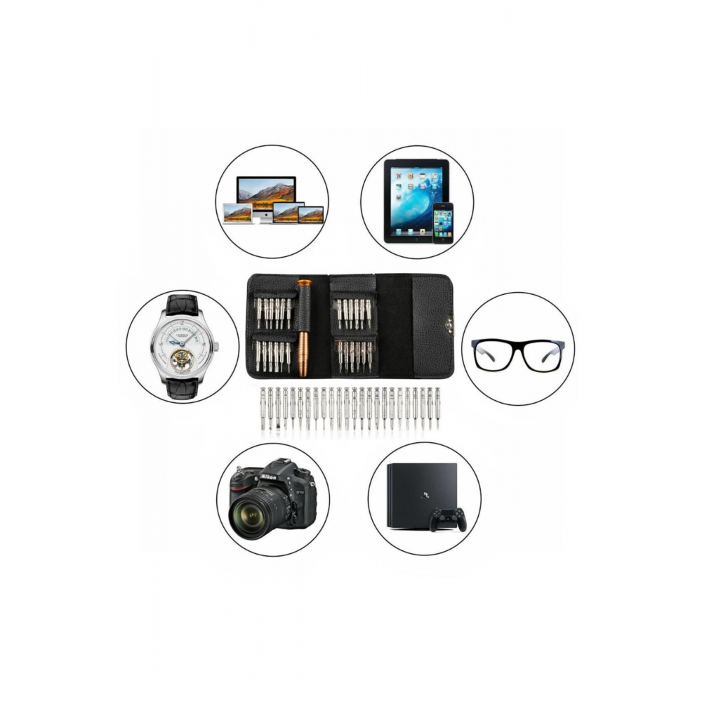 25 Parça Mıknatıslı Tornavida Seti Deri Çantalı Laptop Gözlük Saat Tamir