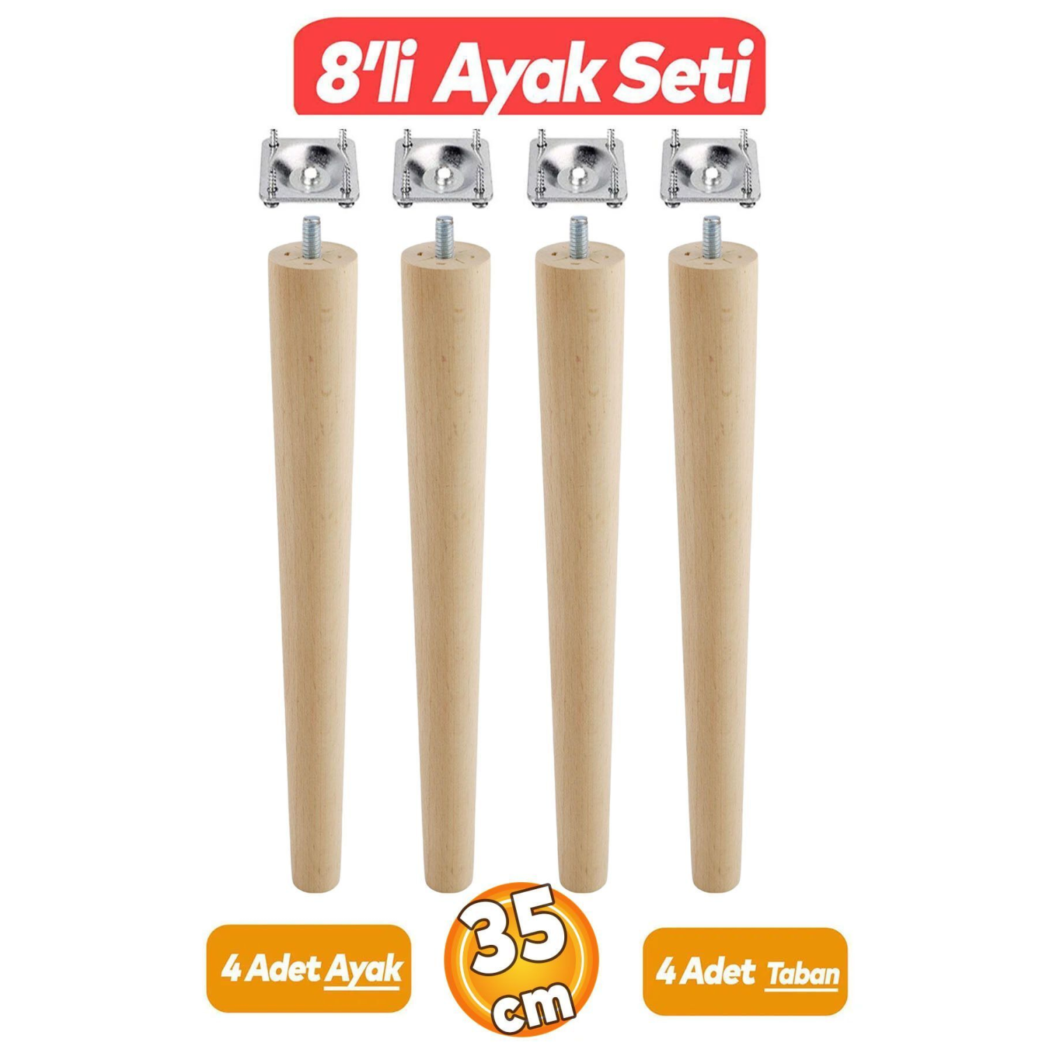Ahşap Sehpa Masa Puf Tabure Tv Ünitesi Ayağı Ayakları M8 Civatalı 35 Cm Bağlantı Aparatlı 8'li Set