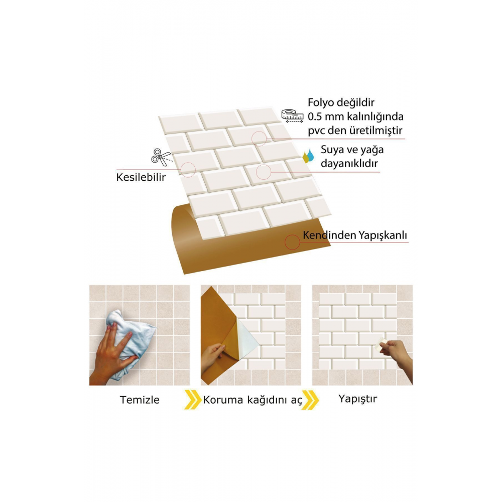 Kendinden Yapışkanlı Metro Karo Desenli Silinebilir Pvc Karo 30x30 Cm (11 ADET) 1m2