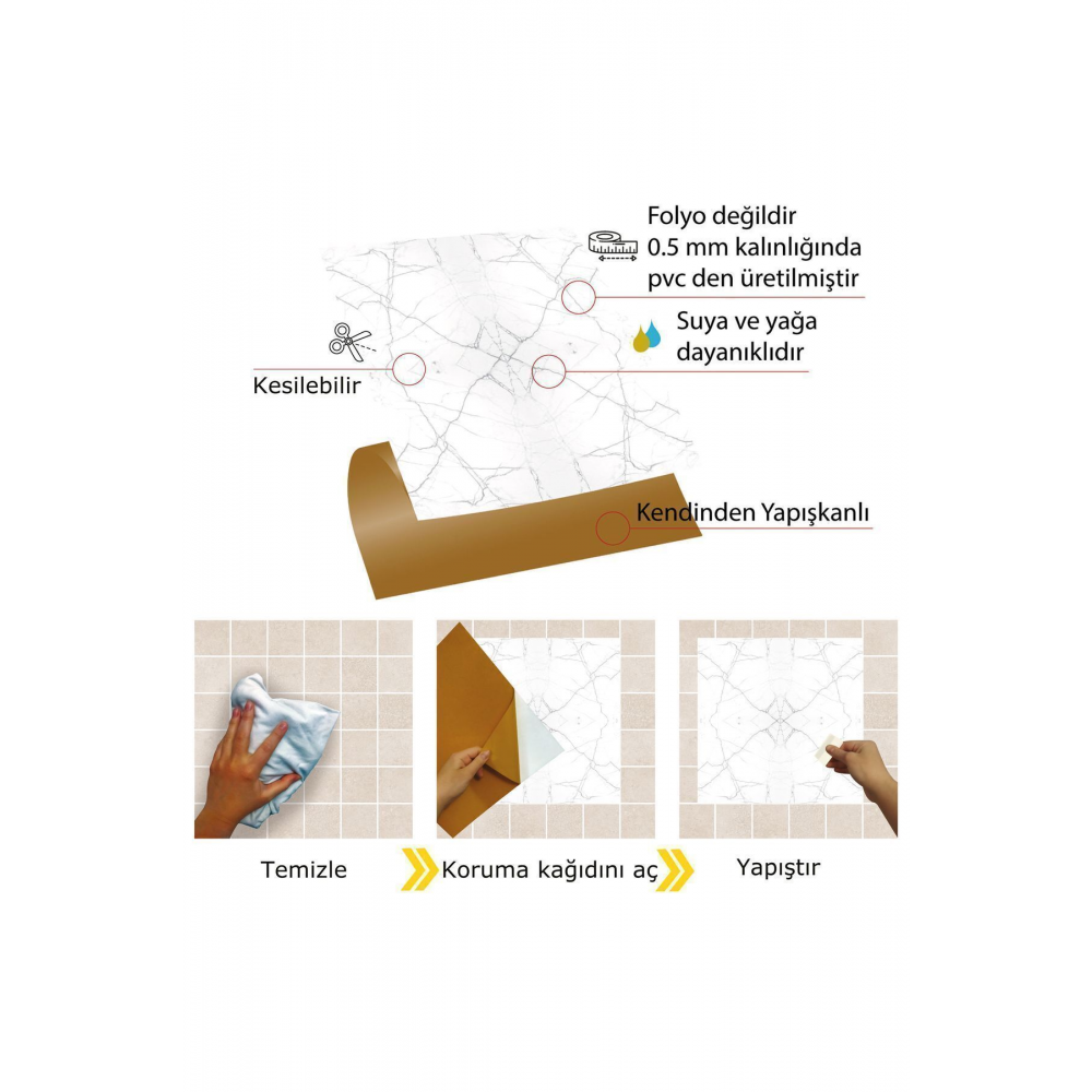 Kendinden Yapışkanlı Seramik Fayans Kaplama Mermer 010 Desenli Pvc Karo 30x30 Cm (4 ADET) 0,36 M2