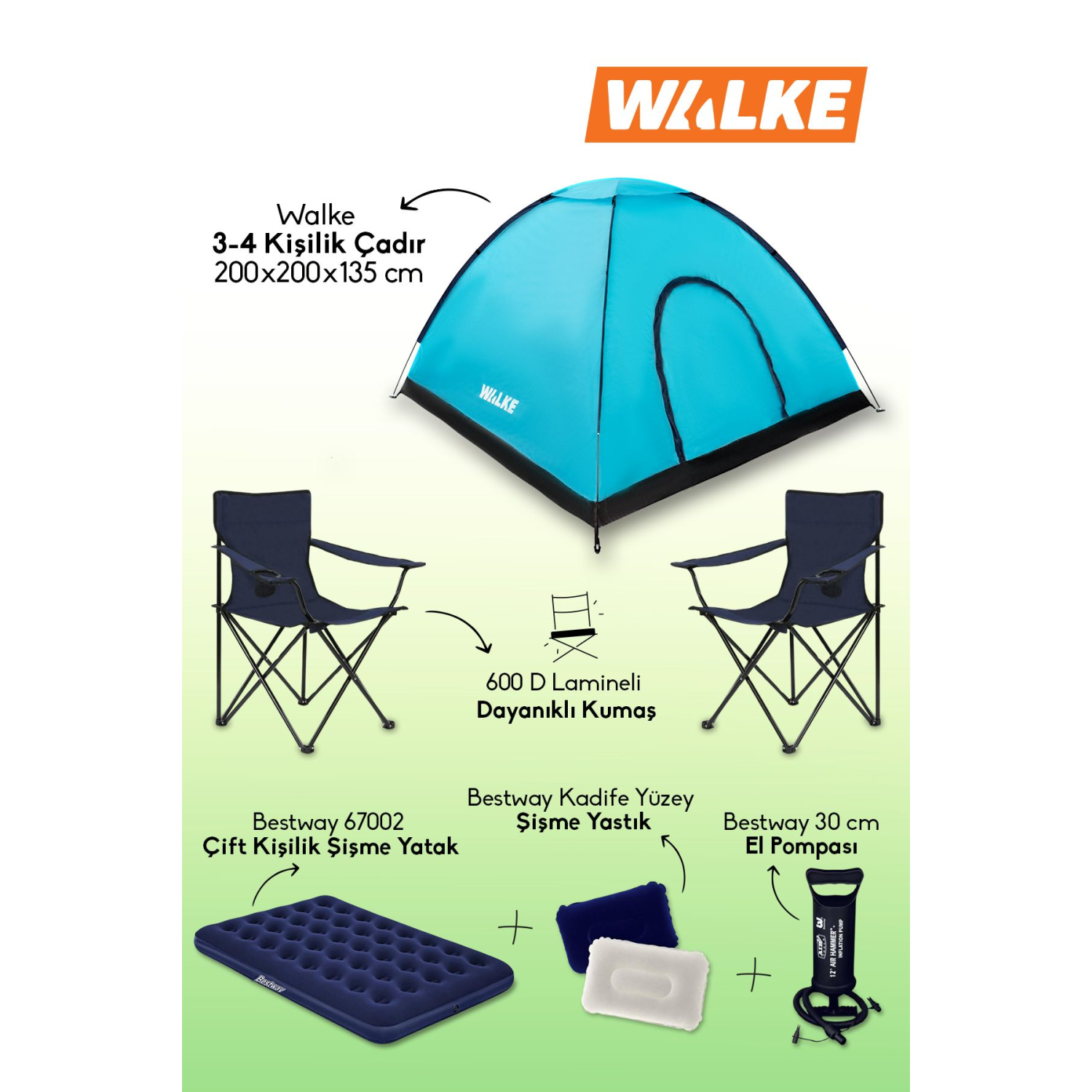 Lüks Kamp Seti 4 Kişilik Çadır Çift Kişilik Yatak 2 Adet Lacivert Sandalye 2 Yastık Pompa