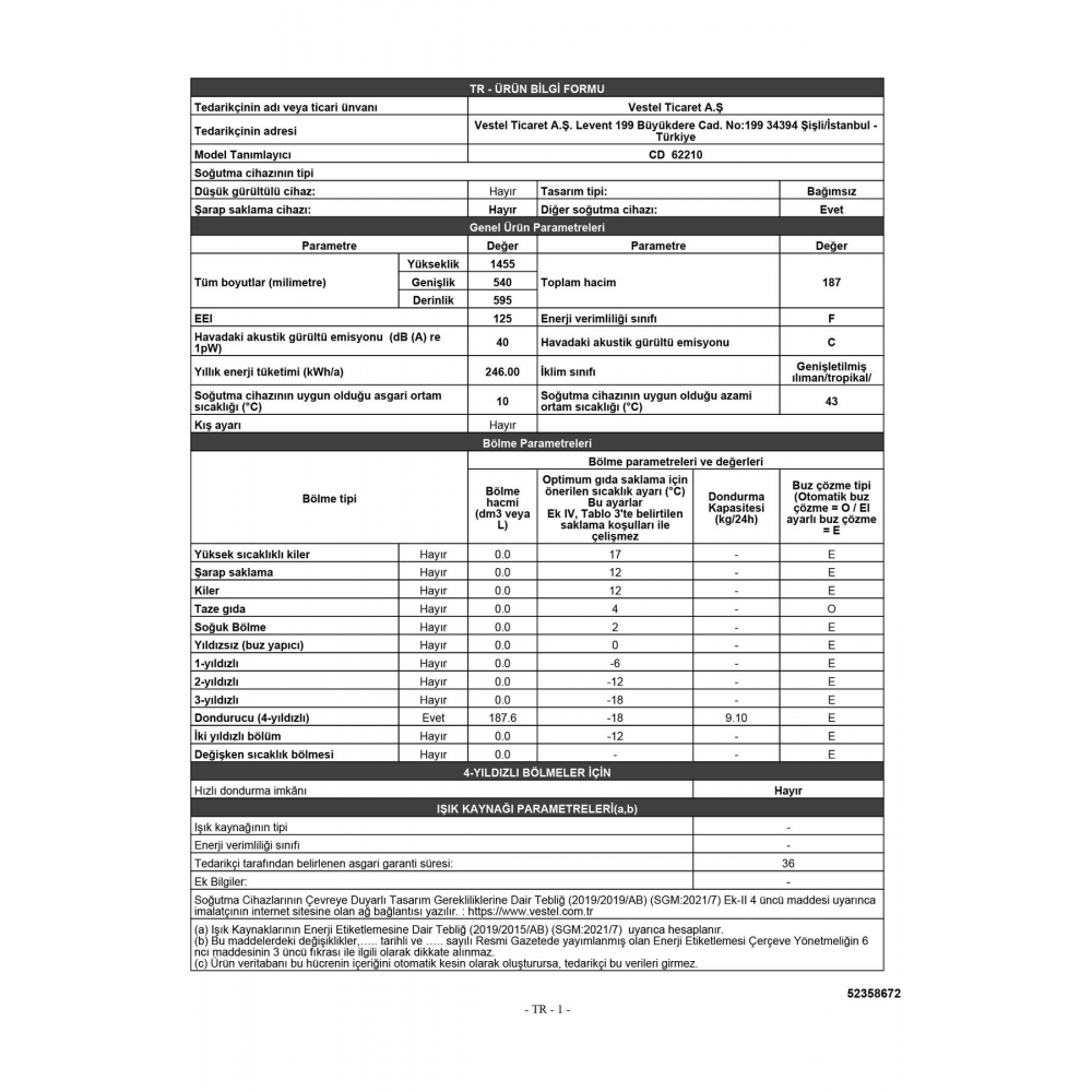 Cd 62210 187 Lt Dikey Derin Dondurucu