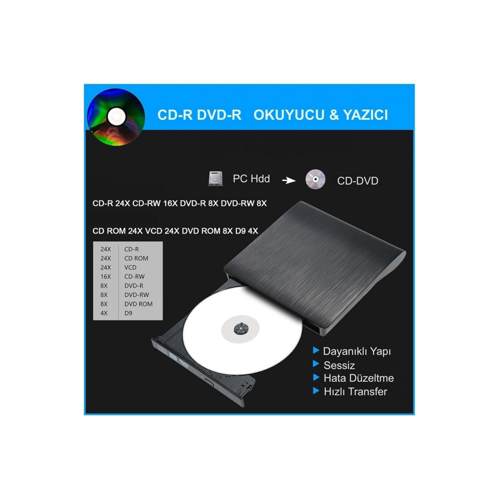 USB 3.0 Taşınabilir CD DVD Yazıcı Okuyucu Windows Mac Dizüstü Masaüstü Bilgisayar