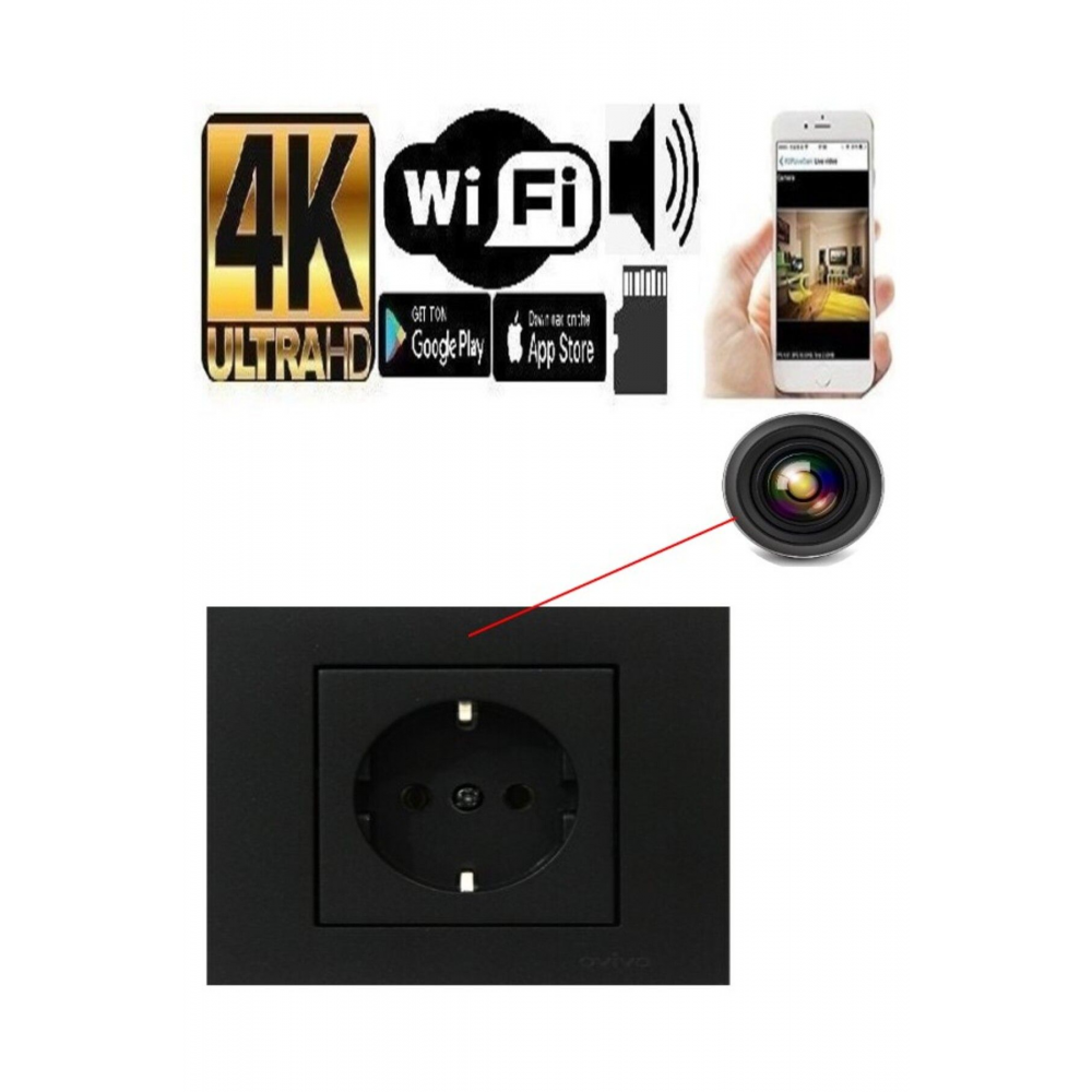 4k Wifi Siyah Gizli Duvar Prizi Video Kamera 7/24 Canlı Izleme Kayıt