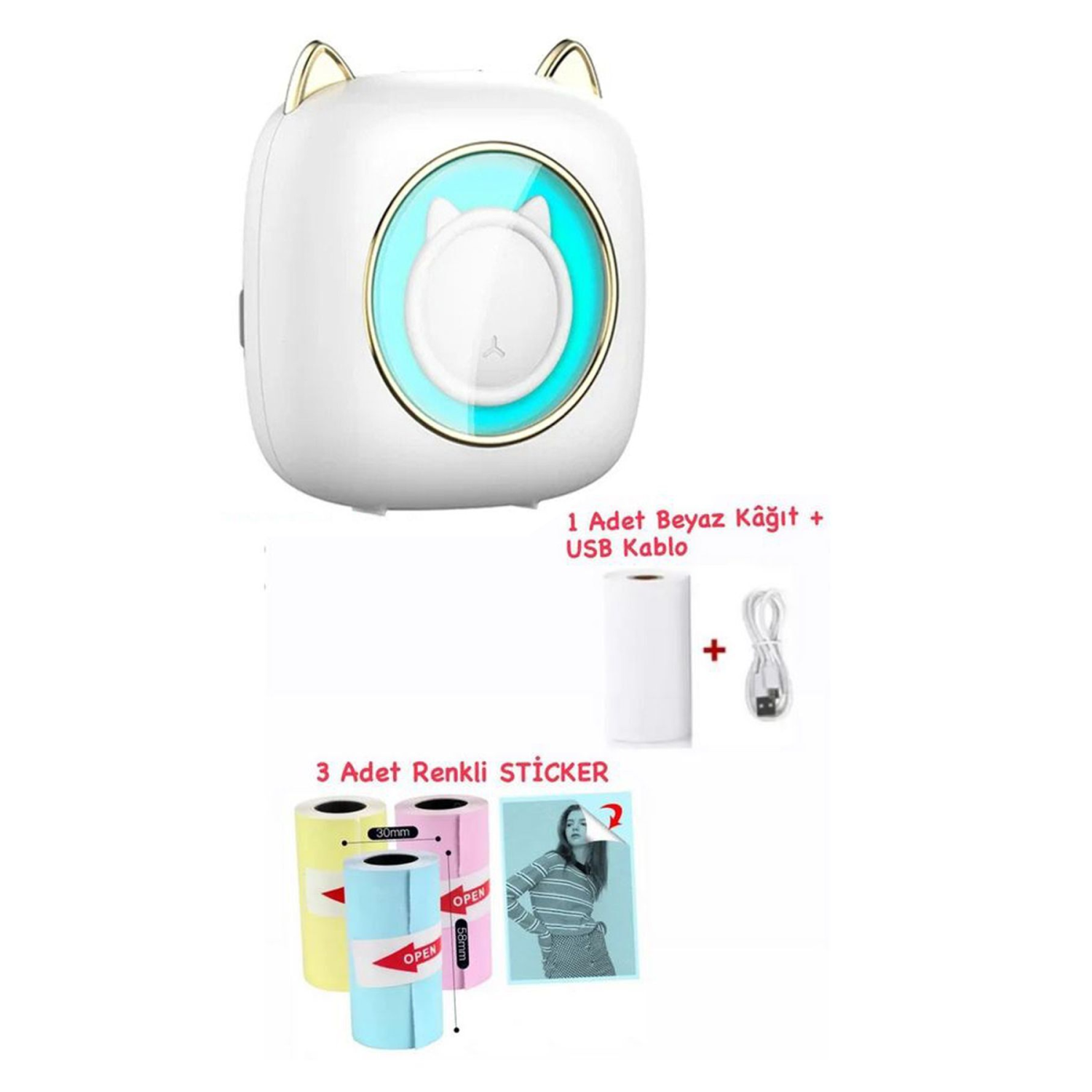 Mini Cep Yazıcı Beyaz Kedili, 1adet Beyaz, 3adet Renkli Sticker Kağıt Hediyeli