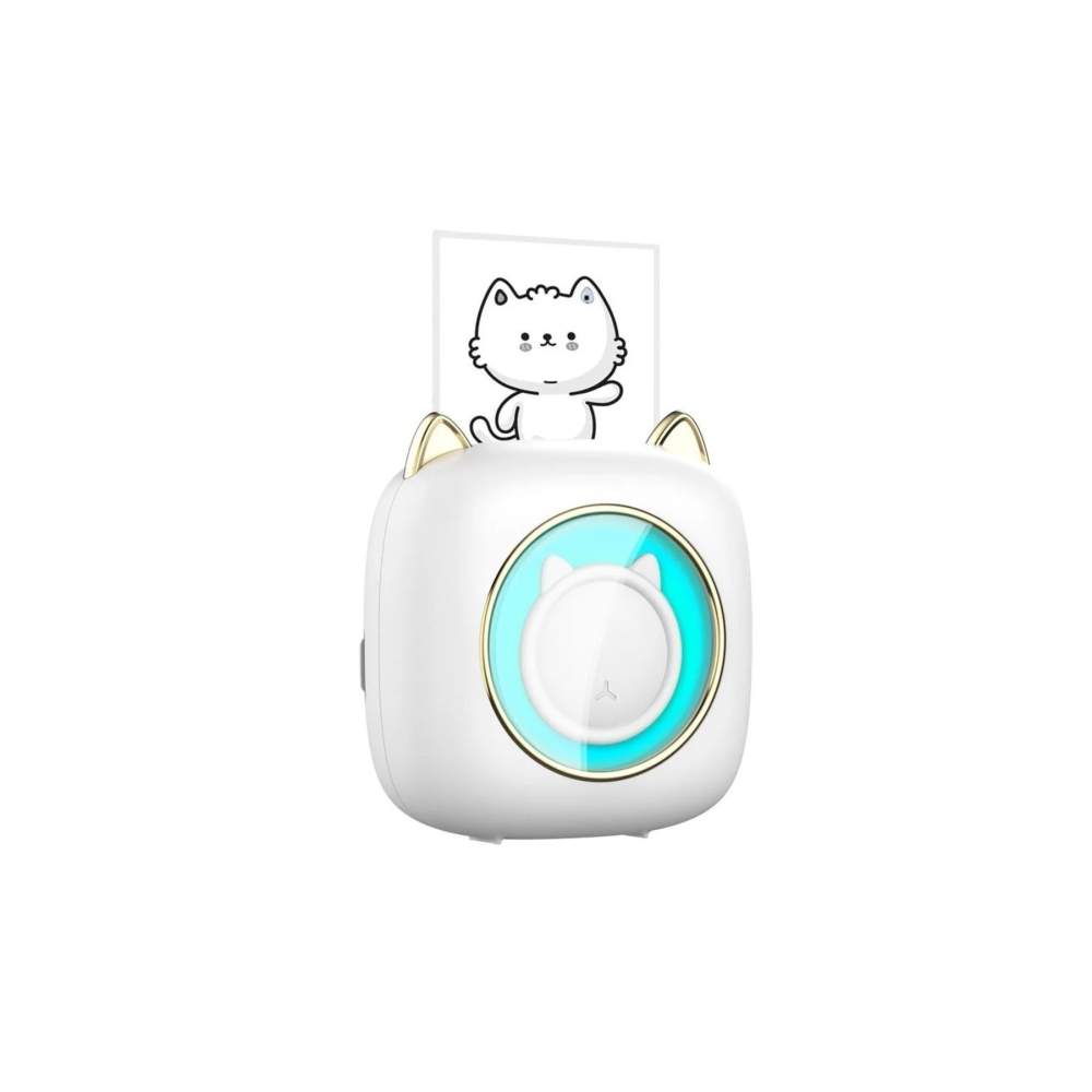 Mini Cep Yazıcı Beyaz Kedili, 1adet Beyaz, 3adet Renkli Sticker Kağıt Hediyeli