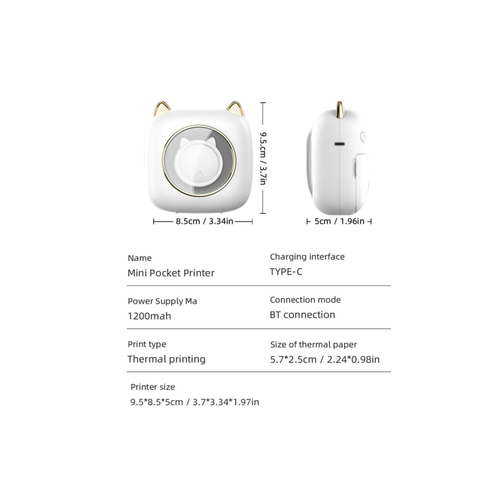 Mini Cep Yazıcı Beyaz Kedili, 1adet Beyaz, 3adet Renkli Sticker Kağıt Hediyeli