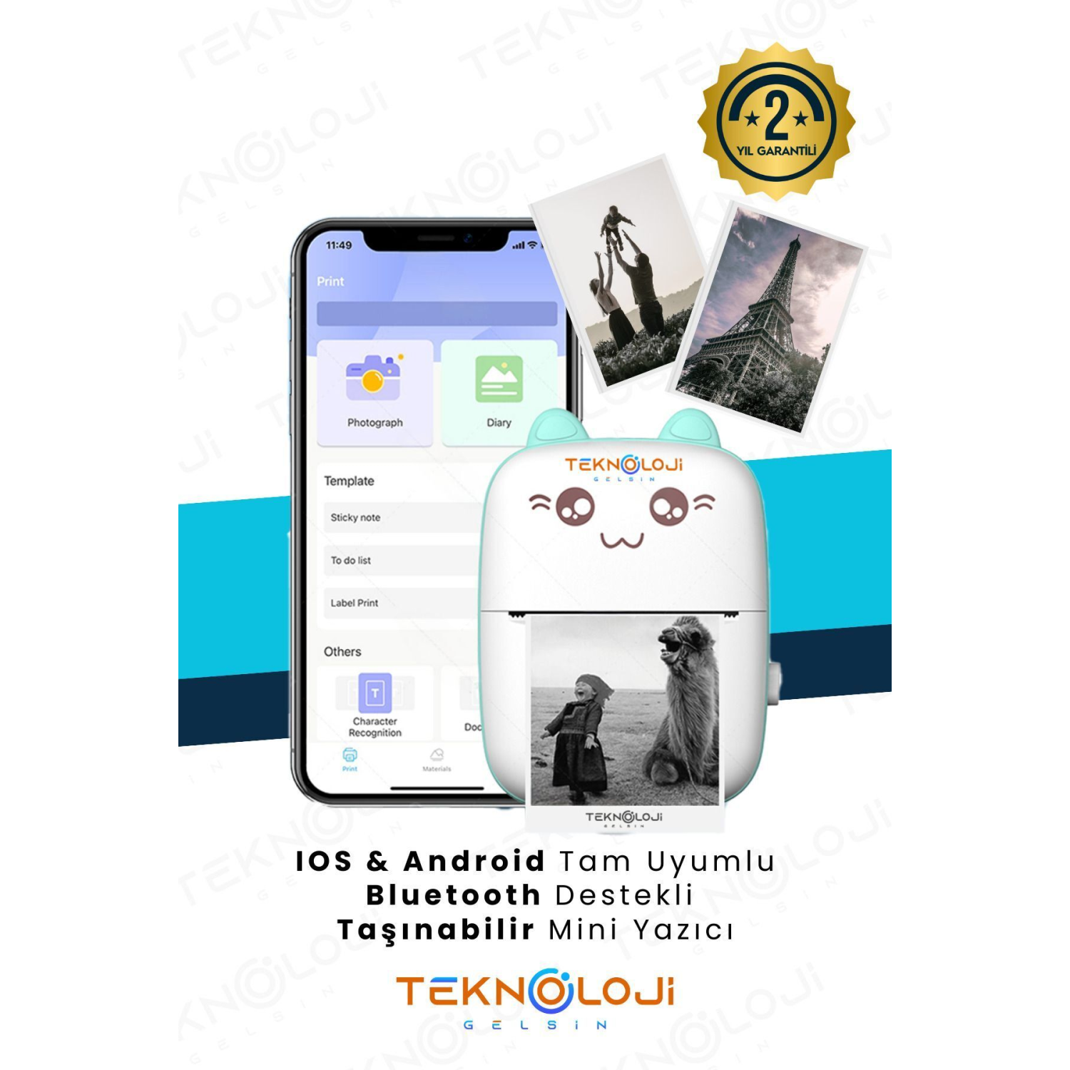 Mini Cep Yazıcı Taşınabilir Bluetooth Kablosuz Şarjlı 6 Rulo 3 Kalem Seti Hediye Mavi Yazıcı