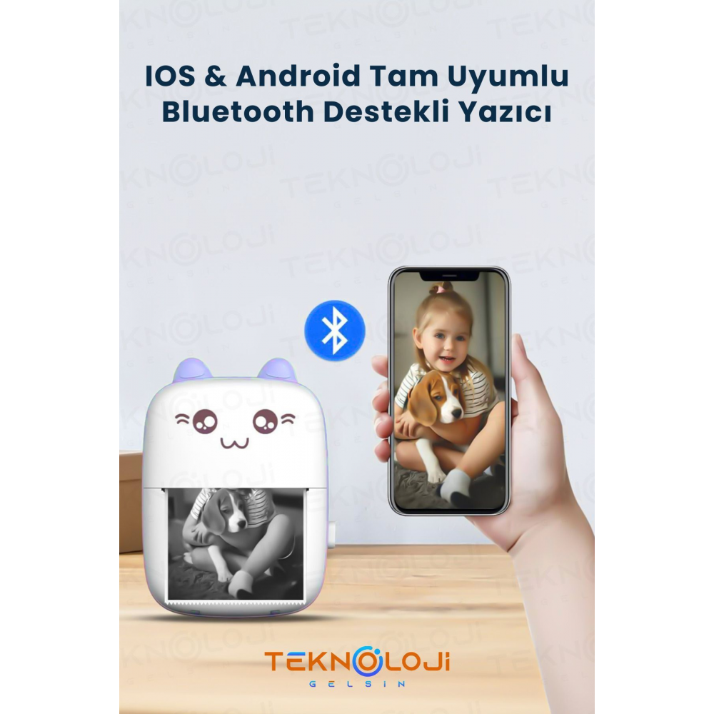 Mini Cep Yazıcı Taşınabilir Bluetooth Kablosuz Şarjlı 6 Rulo 3 Kalem Seti Hediye Mavi Yazıcı