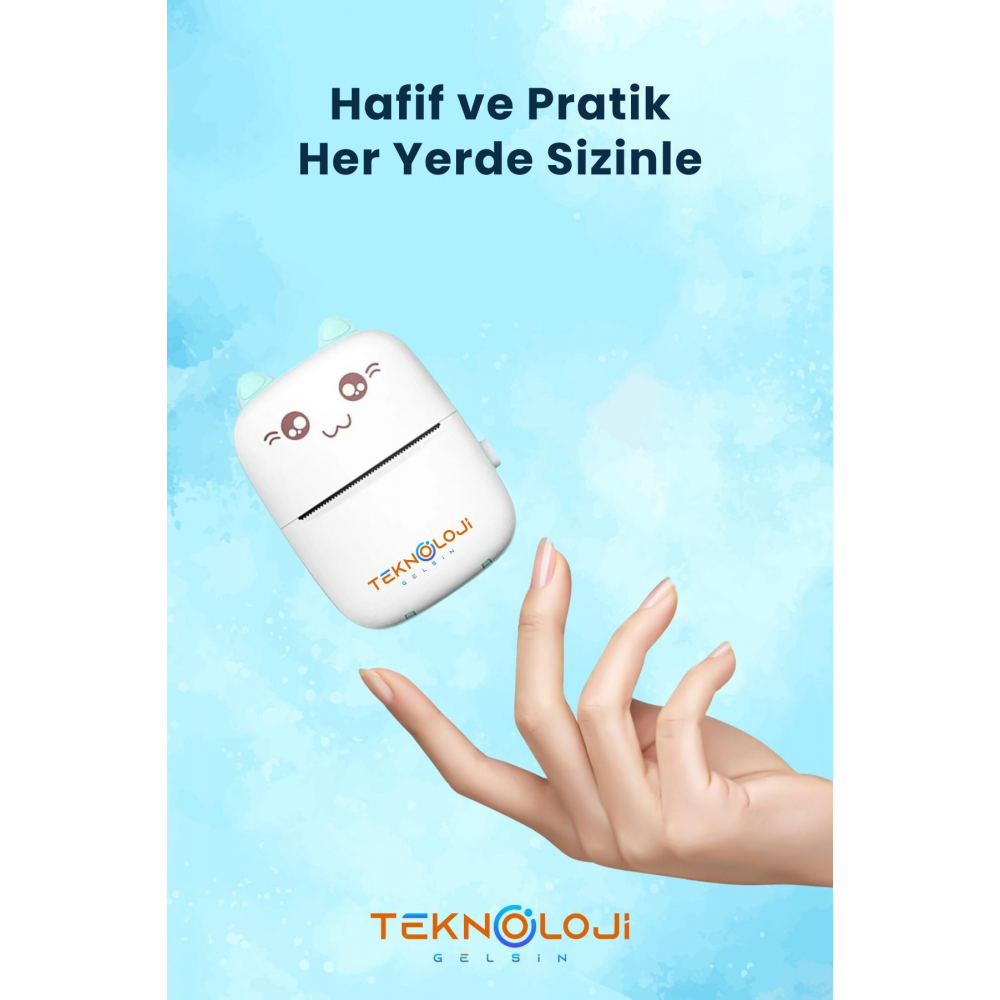 Mini Cep Yazıcı Taşınabilir Bluetooth Kablosuz Şarjlı 6 Rulo 3 Kalem Seti Hediye Mavi Yazıcı