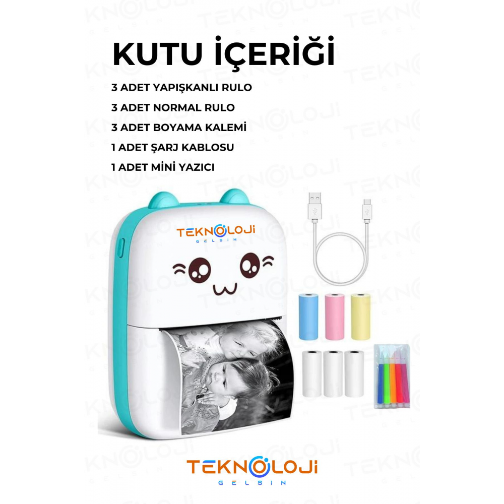 Mini Cep Yazıcı Taşınabilir Bluetooth Kablosuz Şarjlı 6 Rulo 3 Kalem Seti Hediye Mavi Yazıcı