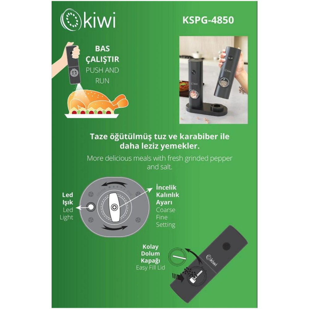 Pilli Işıklı Tuz Karabiber Değirmeni Otomatik Baharat Öğütücü 2li Paket (SİYAH) Kspg-4850