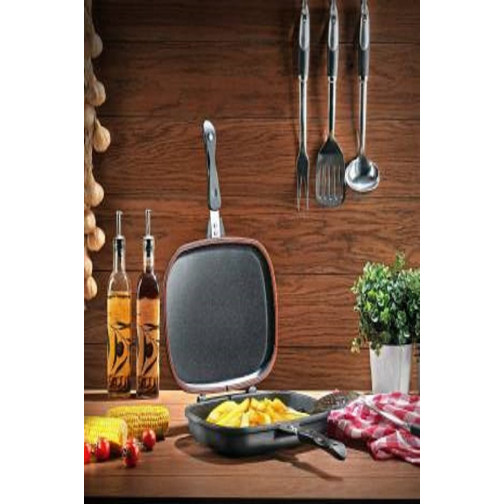 Kare Double Grıll Pan 34 cm Kare Çift Taraflı Tava 2 Parça Siyah