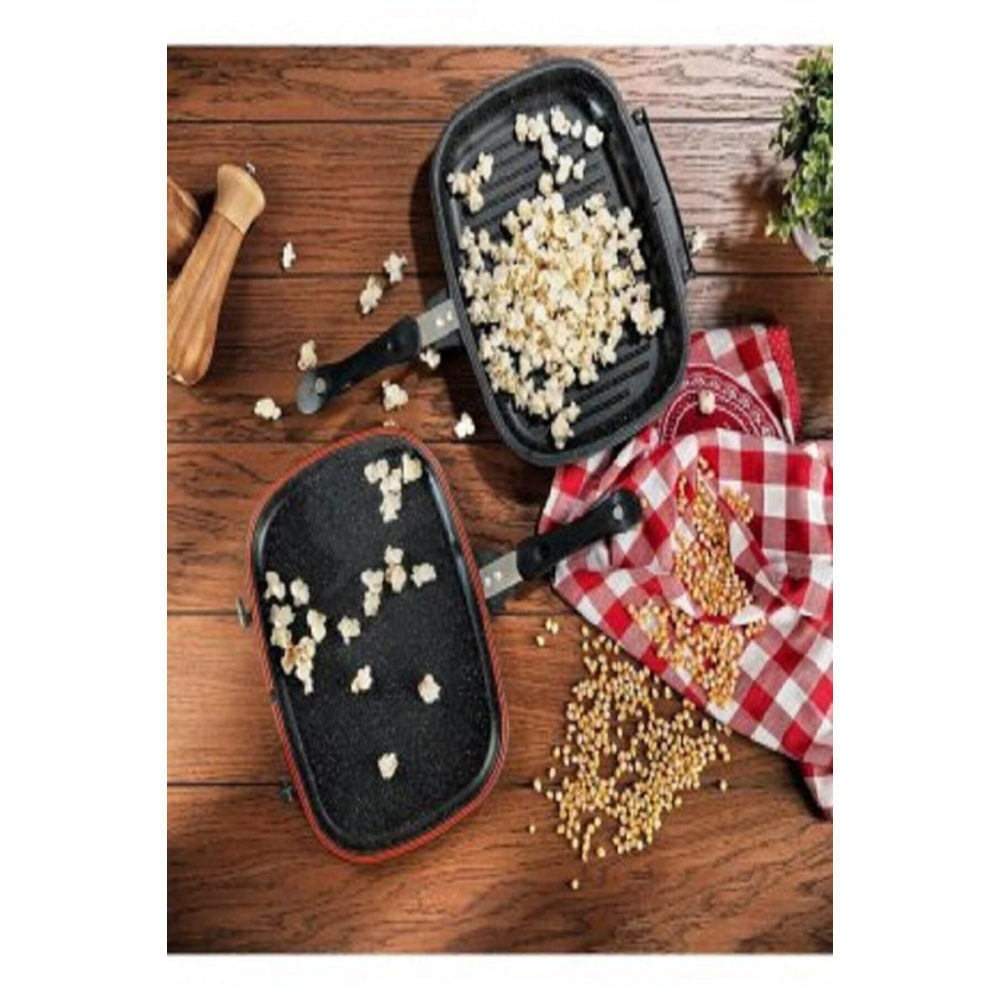Kare Double Grıll Pan 34 cm Kare Çift Taraflı Tava 2 Parça Siyah