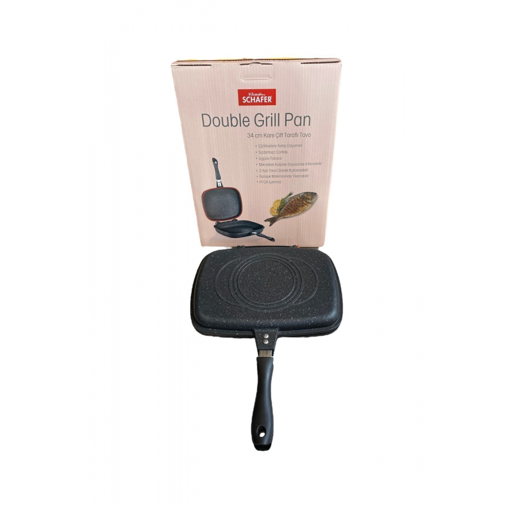 Kare Double Grıll Pan 34 cm Kare Çift Taraflı Tava 2 Parça Siyah