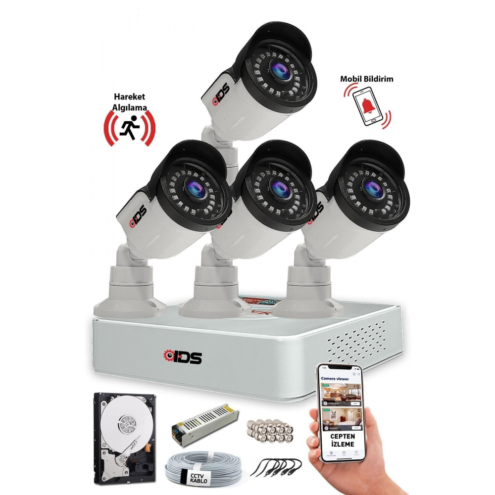 5mp Sony Lensli 4 Kameralı Fullhd Güvenlik Kamerası Sistemi - Gece Görüşlü - Cepten Izlemeli - A2044