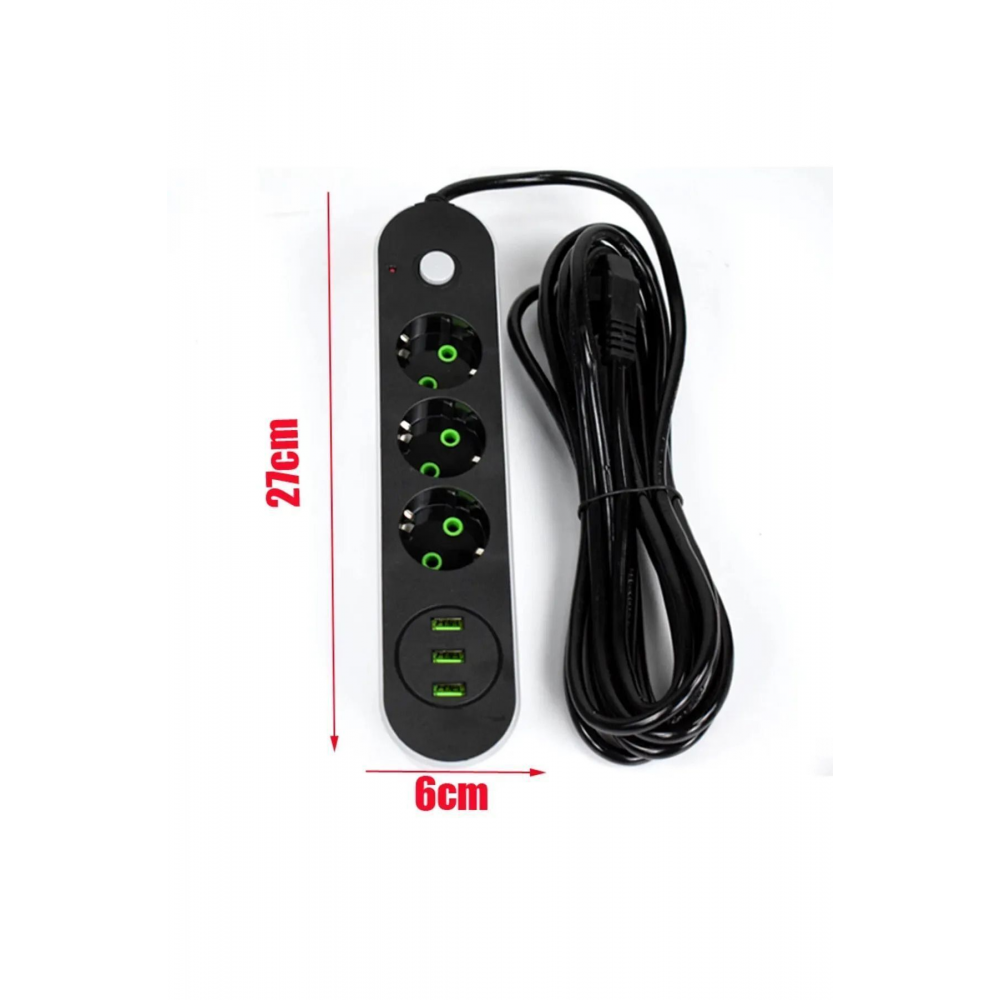 2 Metre Akım Korumalı Anahtarlı Grup Priz ve 3'lü Usb Girişli Şarj Aleti