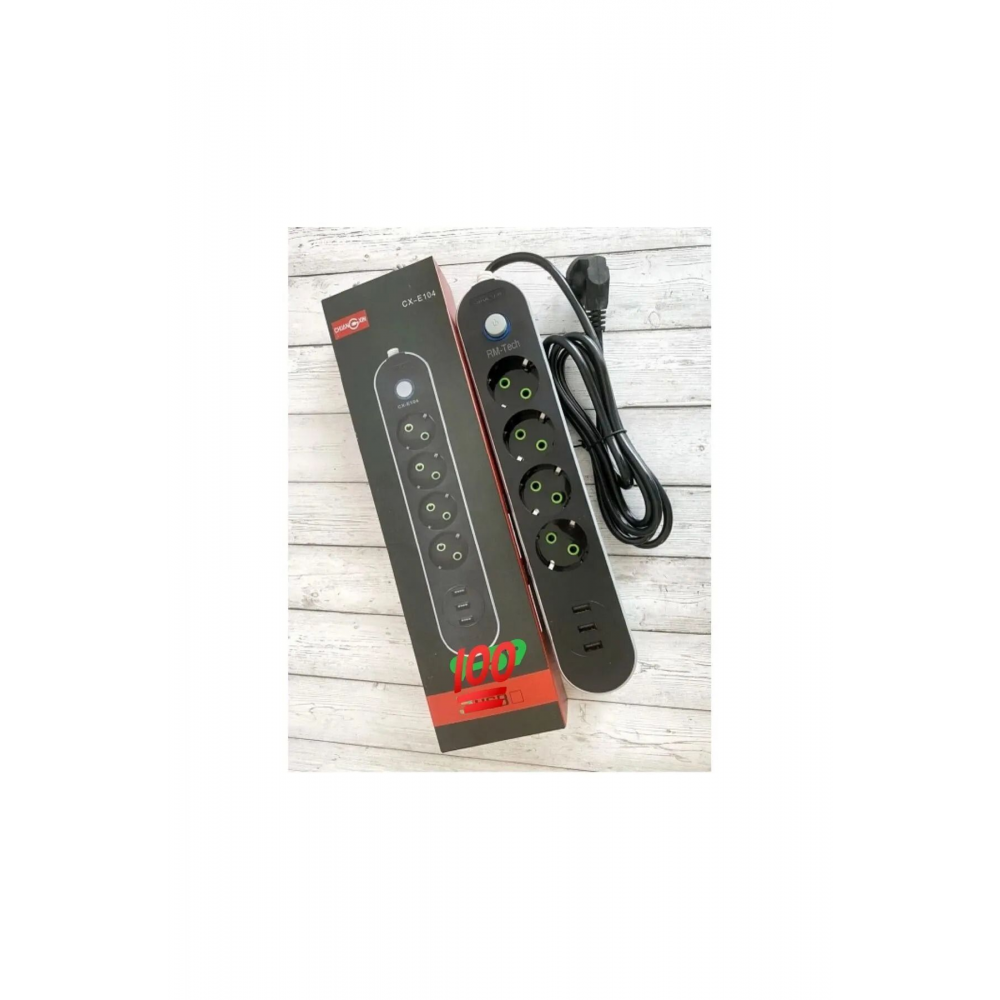 2 Metre Akım Korumalı Anahtarlı Grup Priz ve 3'lü Usb Girişli Şarj Aleti