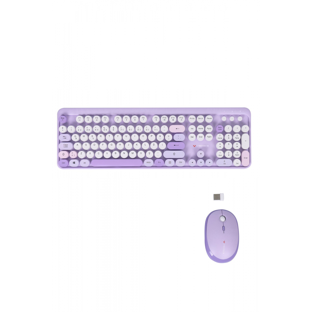 Renkli Tuşlu Kablosuz Mor Q Türkçe Klavye+Mouse Seti Uyumlu
