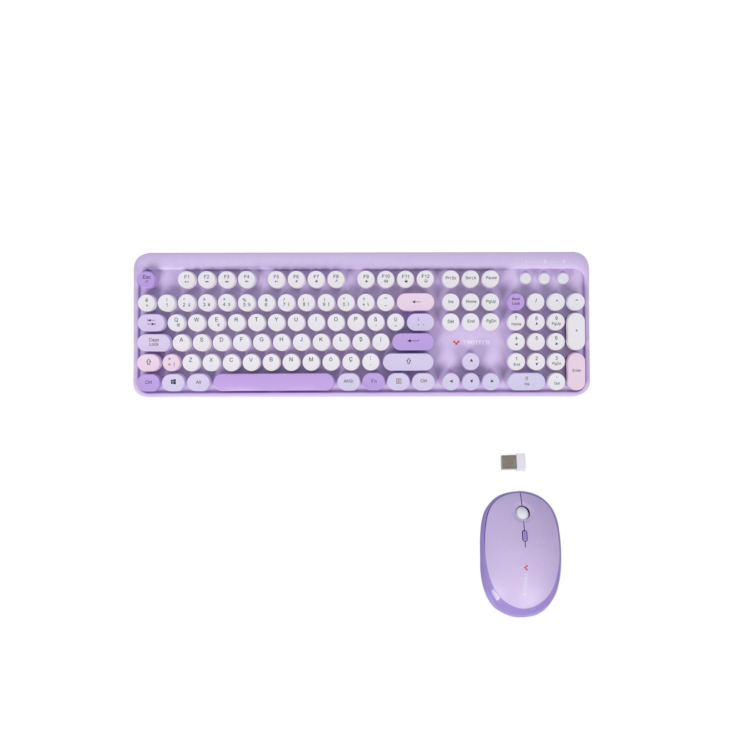 Renkli Tuşlu Kablosuz Mor Q Türkçe Klavye+Mouse Seti Uyumlu