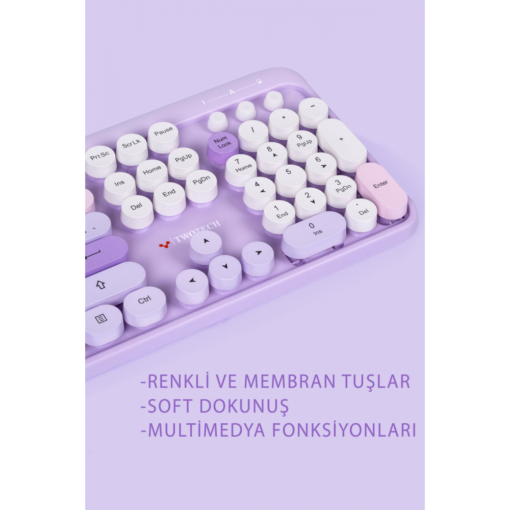 Renkli Tuşlu Kablosuz Mor Q Türkçe Klavye+Mouse Seti Uyumlu