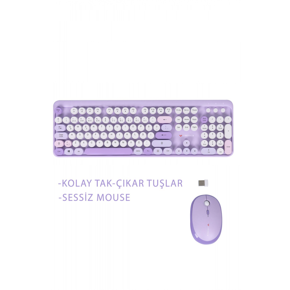 Renkli Tuşlu Kablosuz Mor Q Türkçe Klavye+Mouse Seti Uyumlu