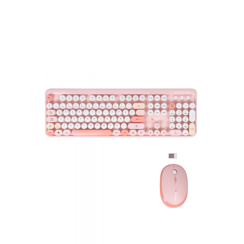 Renkli Tuşlu Kablosuz Pembe Q Türkçe Klavye+Mouse Seti