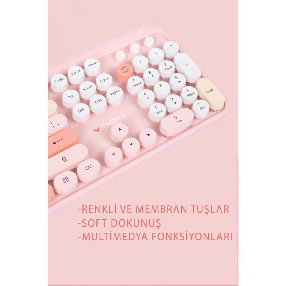 Renkli Tuşlu Kablosuz Pembe Q Türkçe Klavye+Mouse Seti