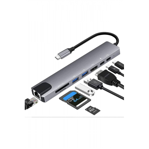 Macbook Pro Air Usb Type-c Hub Dönüştürücü Çevirici Çoklayıcı Usb Hdmı Micro Sd 8 Girişli